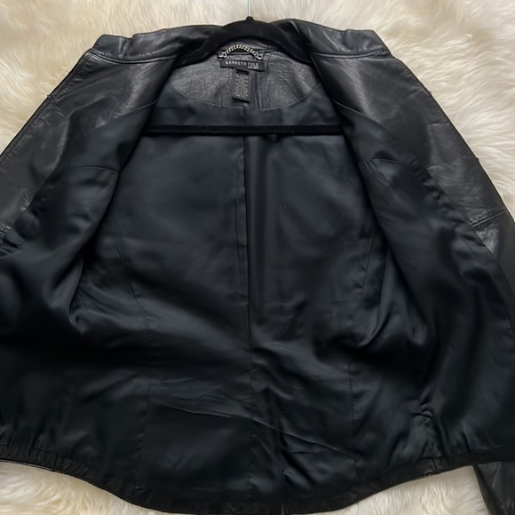 Leather Short Hem Blazer Jacket KENNETH COLE Black Banded Collar Womens M 6 8 - Picture 10 of 11